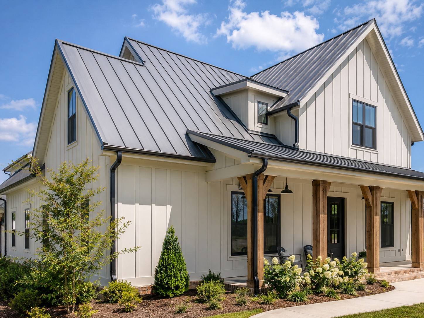 Example of a light metal roof with gutters on a modern farmhouse