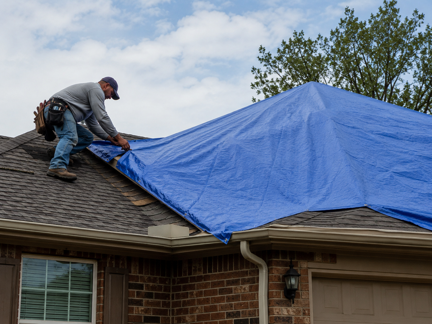 Storm-damaged roof protected with a blue tarp